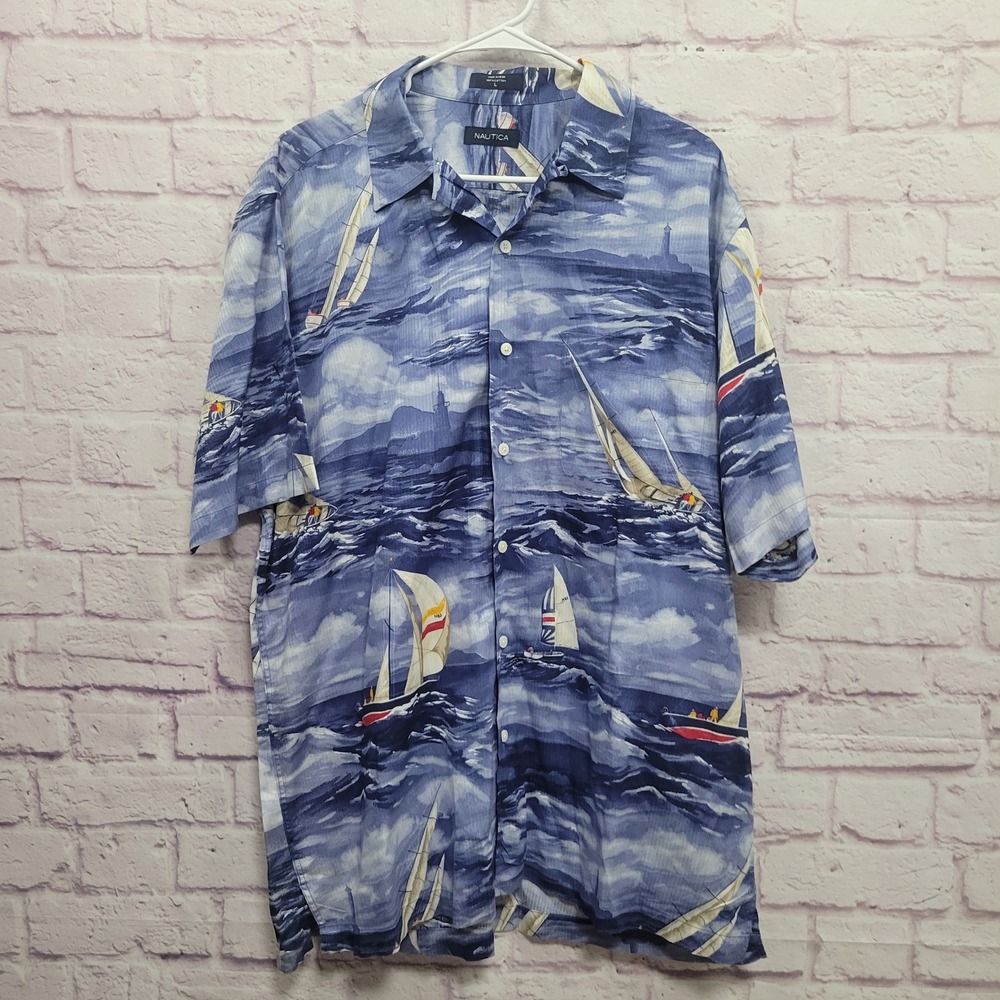 VTG Nautica Coastal Short Sleeve Shirt Mens L‎ Sailboat Ocean Print Hawaii Beach